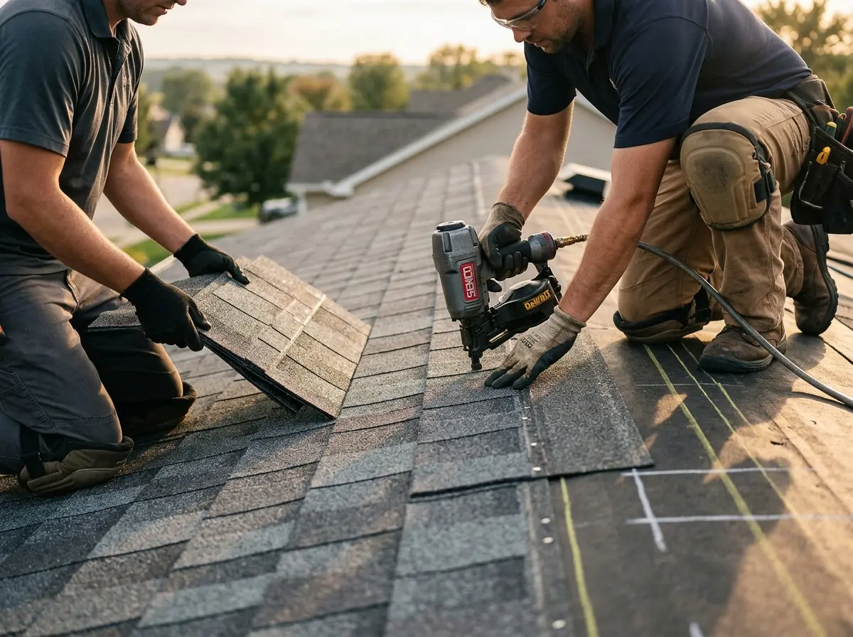 Professional roofer working on a residential roof in Warrenville